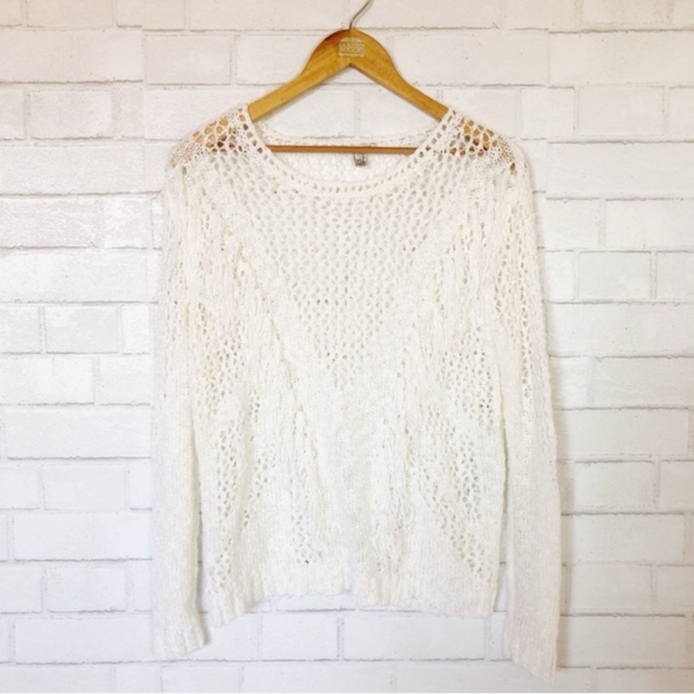 Amuse Society White Cream Boho Tassel Very Soft Open Weave Sweater Top